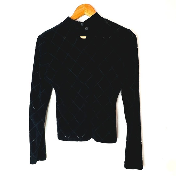 Et Vous Paris Black Velvet Burnout Diamond Pattern Mock Neck Top Women's Size M - Picture 2 of 8